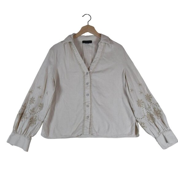Tahari Linen Blend Embroidered Balloon Sleeve Blouse L Boho Cottagecore - Picture 1 of 8